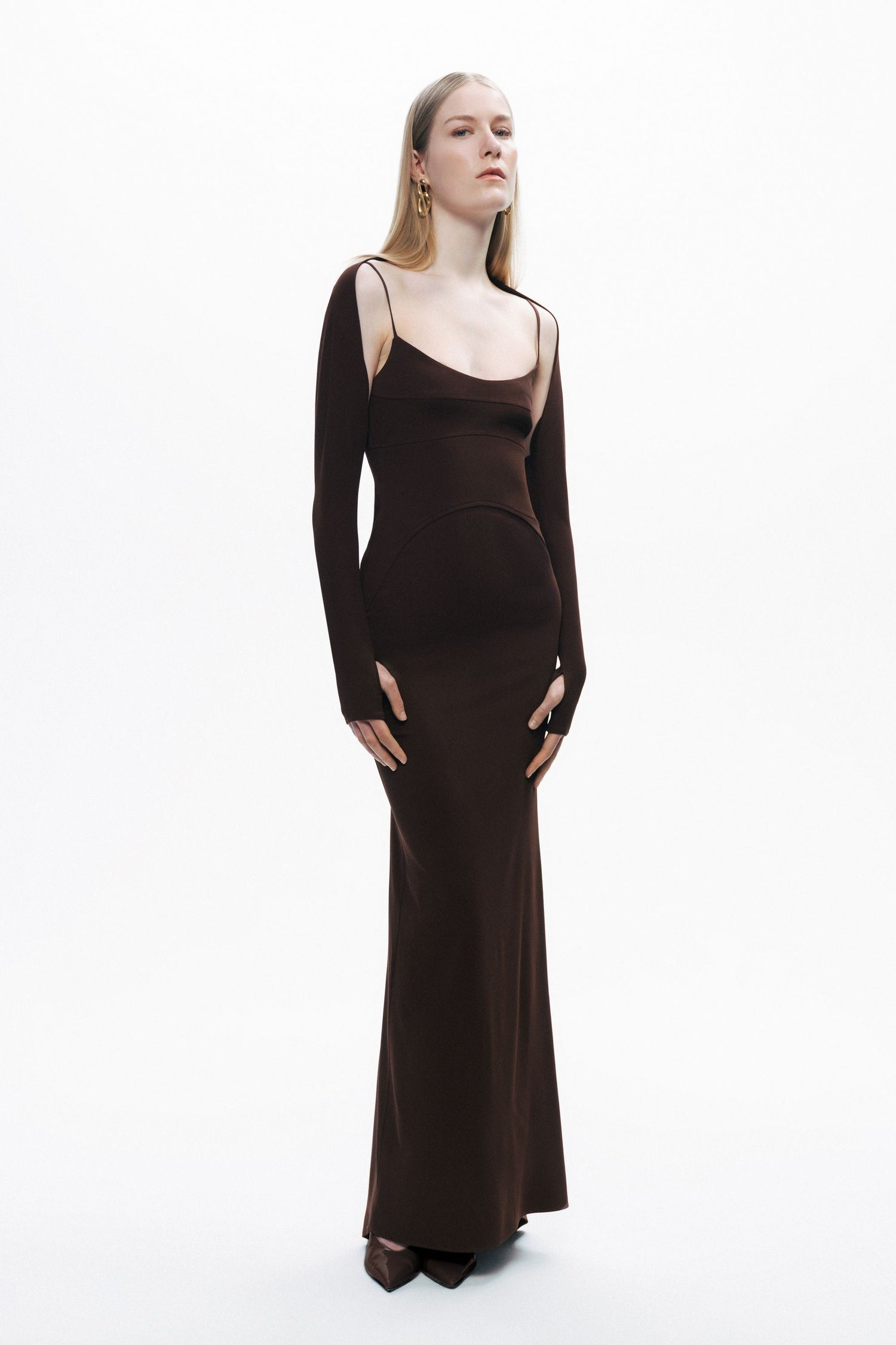 Brown Maxi Dress with Glove Accessory
